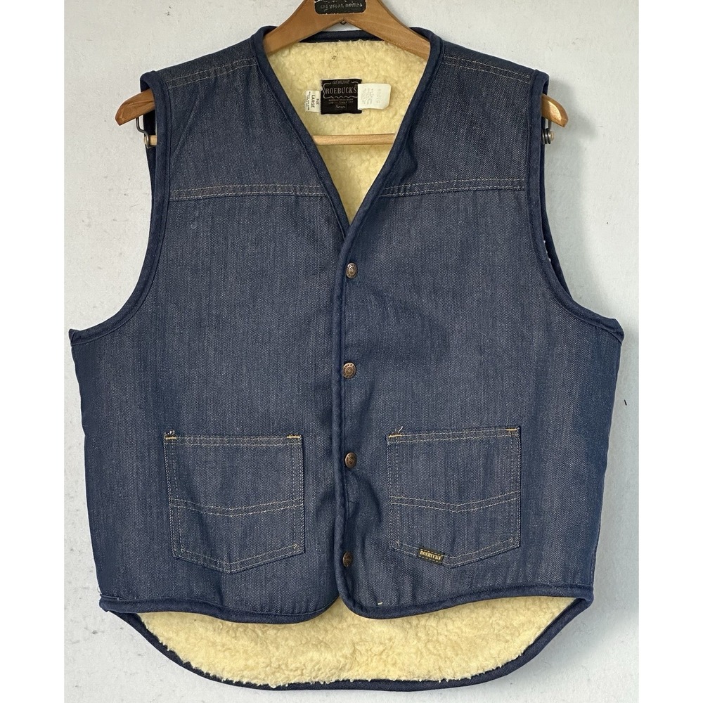 VTG Roebucks Sherpa Denim Vest Jean Chores Work Size Large Men's